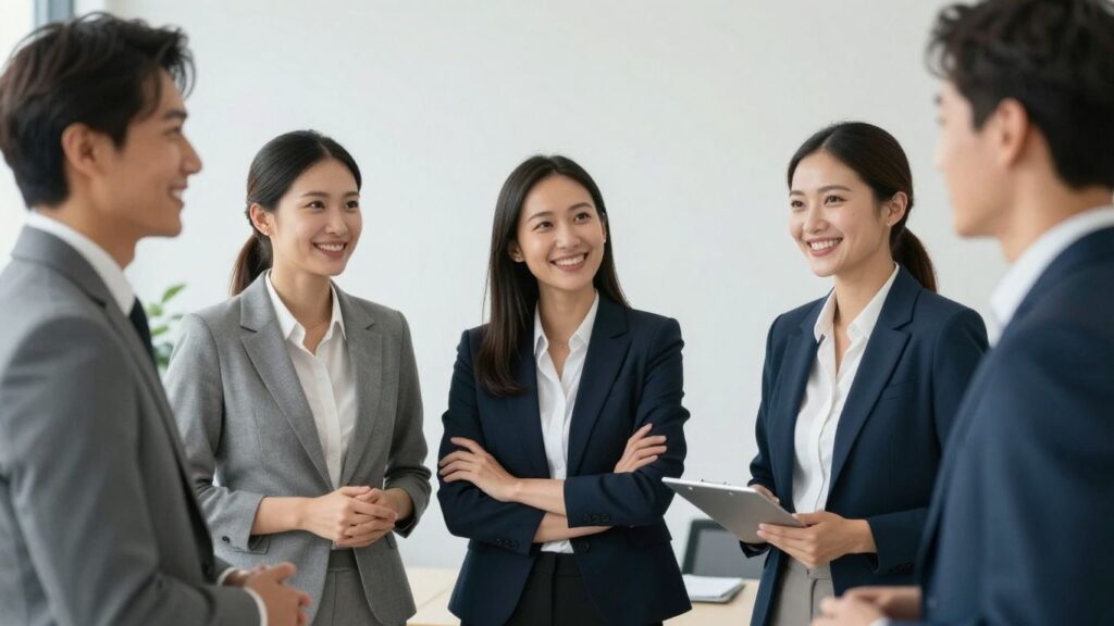 Personas sonriendo en un entorno de oficina moderno.