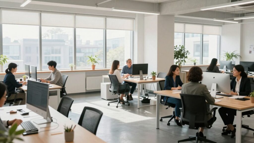 Oficina moderna con personas discutiendo negocios.