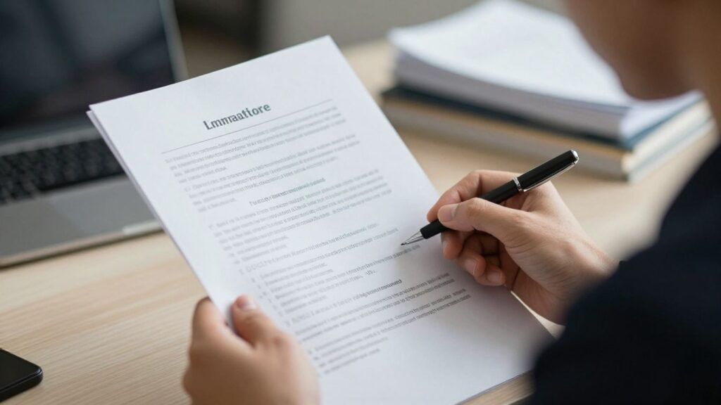 Persona examinando un documento con cautela.