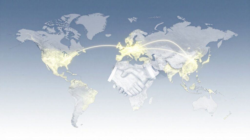 Mapa mundial con líneas conectando ciudades y apretón de manos.