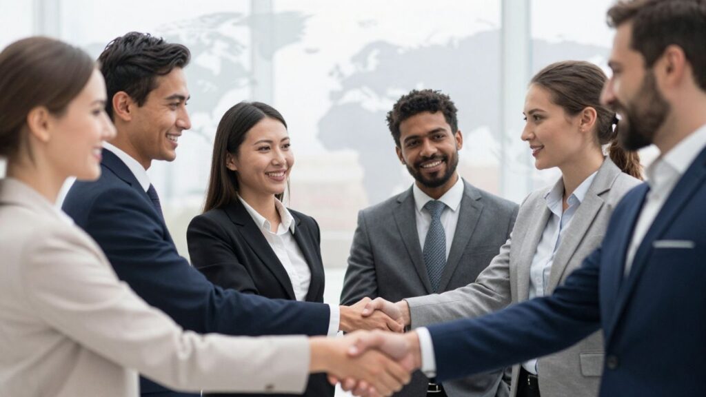 Personas colaborando y estrechando manos en un entorno profesional.