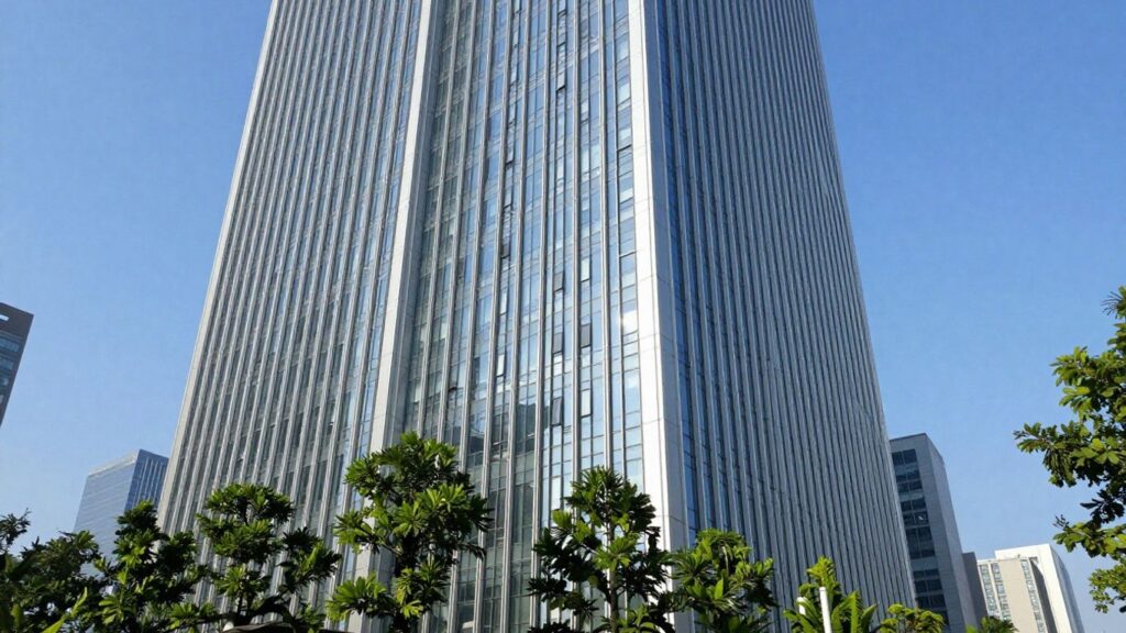 Edificio de oficinas moderno con cielo azul.