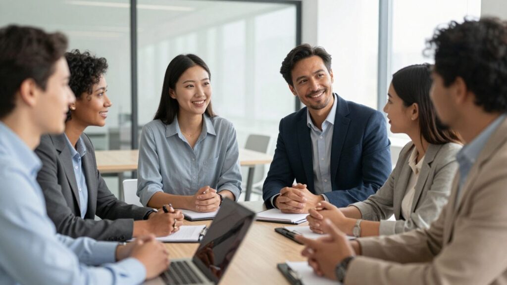 Personas colaborando en un entorno profesional moderno.