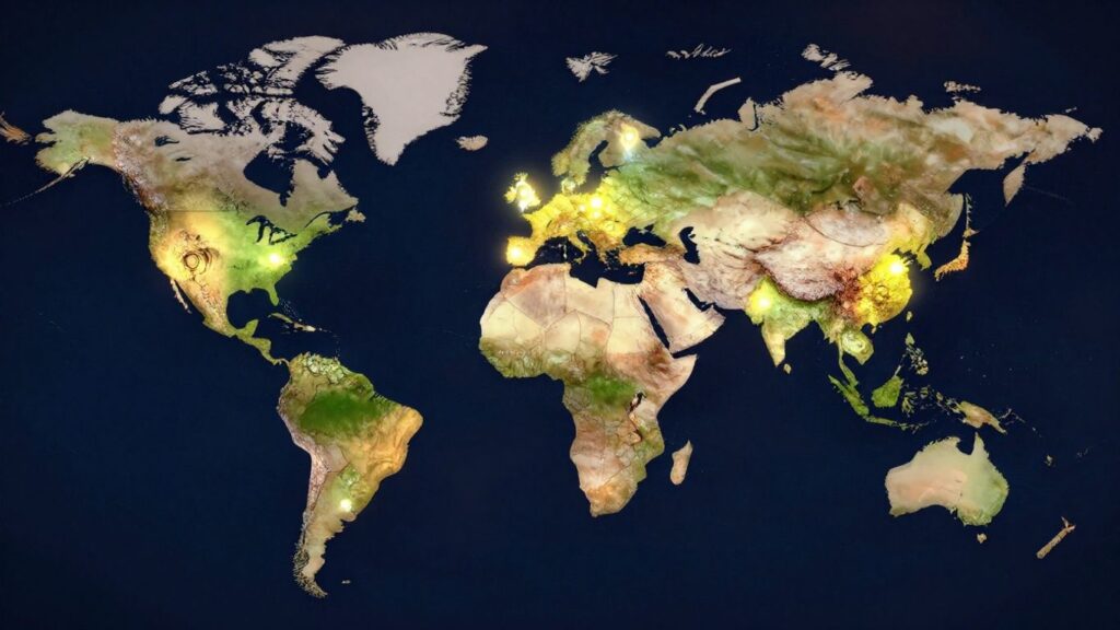 Mapa mundial con pines brillantes marcando países.